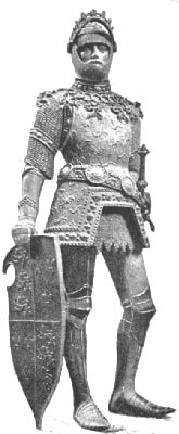 A bronze Arthur in plate armor with visor raised and with jousting shield