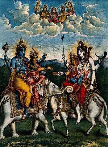 Vishnu and Lakshmi on an elephant meeting Shiva, Parvati and Wellcome V0045027.jpg
