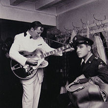 Bill Haley with Elvis Presley backstage at a concert in Frankfurt, Germany