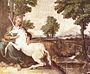 The gentle and pensive virgin has the power to tame the unicorn, in this fresco in Palazzo Farnese, Rome, probably by Domenichino, ca 1602