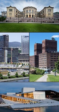 Top: Parliament of Norway Building, middle left: Bjørvika, middle right: Oslo City Hall seen from Akershus Castle, bottom: Oslo Opera House
