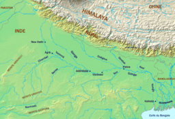 Map showing the course of the Ganges and selected tributaries