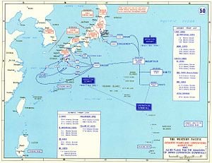 A map outlining the Japanese and U.S. (but not other Allied) ground forces scheduled to take part in the battle for Japan. Two landings were planned: (1) Olympic—the invasion of the southern island, Kyūshū, (2) Coronet—the invasion of the main island, Honshū.